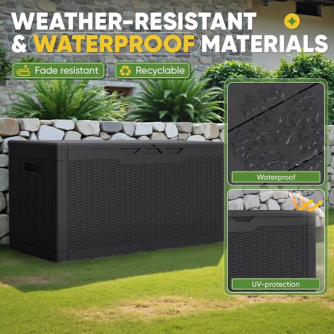 Greesum Outdoor Storage Box 100 Gallon Storage Bin with Lid for Patio Furniture, Garden Tools, Pool Supplies, Lockable, Waterproof and UV Resistant, Black