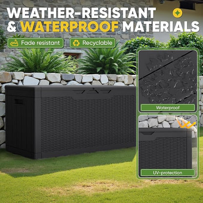 Greesum Outdoor Storage Box 100 Gallon Storage Bin with Lid for Patio Furniture, Garden Tools, Pool Supplies, Lockable, Waterproof and UV Resistant, Black