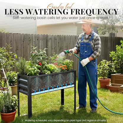 KING BIRD Raised Garden Bed with Legs & Water Storage Tank Galvanized Elevated Planter Box 48×17×31.5 in for Backyard, Patio, Balcony, 300lb Capacity, Dark Grey