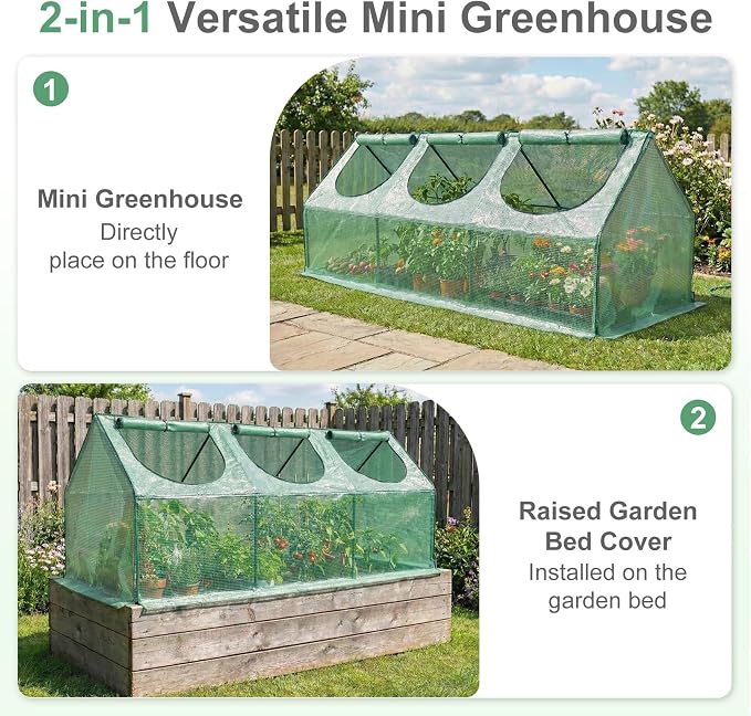 Aoodor 9 x 3 x 3 ft Mini Greenhouse with 3 Zipper Doors, Water-Resistant, UV-Protected for Flowers, Vegetables, and Herbs, Green