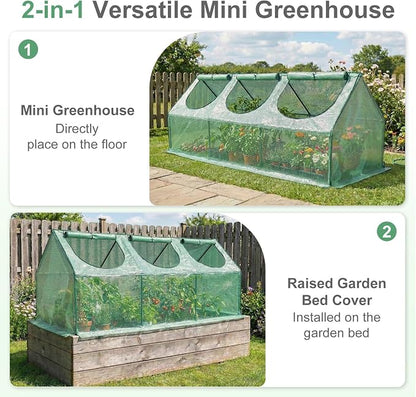Aoodor 9 x 3 x 3 ft Mini Greenhouse with 3 Zipper Doors, Water-Resistant, UV-Protected for Flowers, Vegetables, and Herbs, Green