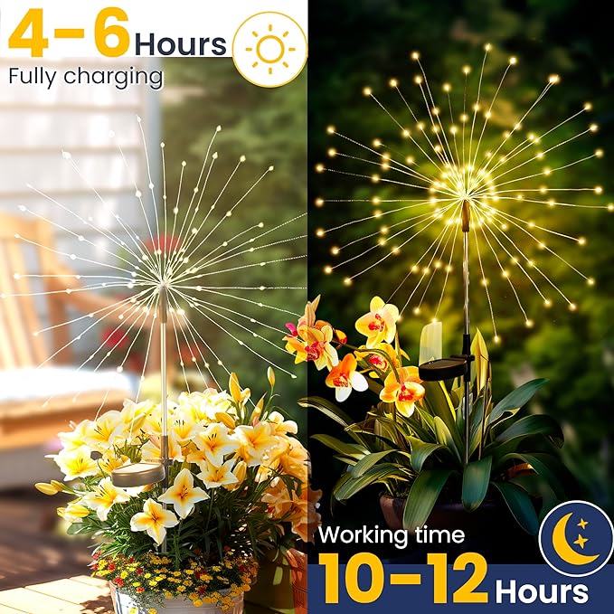 GIGALUMI Garden Decor Outdoor Lights 120LED 8Pack, Solar Garden Lights Outside Fairy Firework Decorative,Solar Powered for Yard Pathway Flowerbed Planter Balcony Patio, Gifts for mom (Warm White