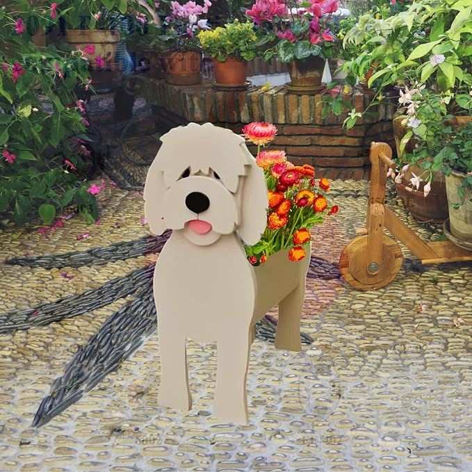 Golden Doodle Dog Planter Pots, 9.84 x 9.06 x 17 Inches | Large Dog Flower Pot, Cute Animal Shaped Plant Pot, Gifts for Women & Pet Lovers, Indoor Outdoor Garden Home Office Decor