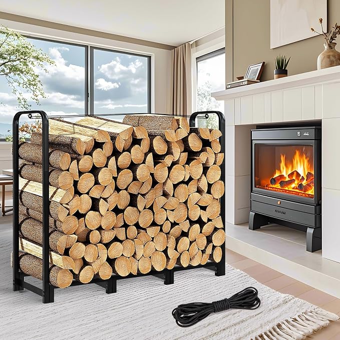 Firewood Rack with Log Carrier, 4FT Outdoor Wood Rack for Firewood, Heavy Duty Firewood Log Rack for Fireplace Fire Pits