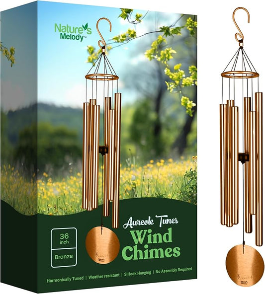 Nature’s Melody Aureole Tunes Wind Chimes – Outdoor Windchime with 6 Tubes, 100% Rustproof Aluminum, Powder Finish & S Hook Hanger for Sympathy, Memorial Gift or Zen Garden (Bronze, 36")