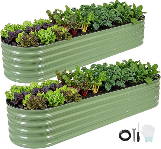 INNO STAGE Galvanized Raised Garden Bed Kits, 8x2x1.4FT Metal Raised Garden Beds Outdoor, 17'' Tall Large Steel Raised Planter Bed for Vegetables & Flowers Patio Ground Planter Box (Olive Green, 2Pcs)