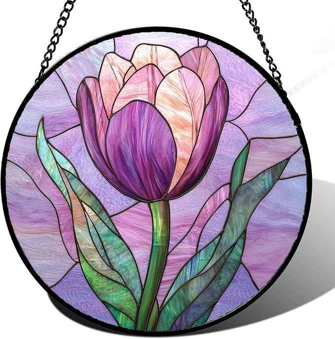 DASTOLL Stained Glass Window Hanging Purple Tulips Flower Large 11.8" - Suncatcher Door Garden Sun Catcher Home Decor Birthday Mother's Day for Mom Men Woman Parents Her Nana Friend
