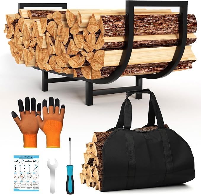 Firewood Rack Indoor with Log Carrier 34Inch Fireplace Wood Holder, Black Outdoor Firewood Storage Organizer Stable Metal Wood Rack Heavy Duty Log Holder for Fireplace Patio Deck, Wooden Carrier Tool