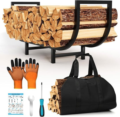Firewood Rack Indoor with Log Carrier 34Inch Fireplace Wood Holder, Black Outdoor Firewood Storage Organizer Stable Metal Wood Rack Heavy Duty Log Holder for Fireplace Patio Deck, Wooden Carrier Tool