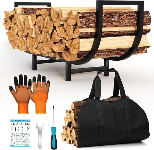 Firewood Rack Indoor with Log Carrier 34Inch Fireplace Wood Holder, Black Outdoor Firewood Storage Organizer Stable Metal Wood Rack Heavy Duty Log Holder for Fireplace Patio Deck, Wooden Carrier Tool