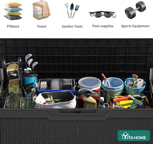 YITAHOME 80 Gallon Resin Deck Box | Weather Resistant Outdoor Rattan Storage Box, Lockable Indoor Outdoor Storage for Supplies and Essentials, Black