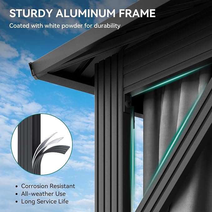 YITAHOME 12x16ft Hardtop Gazebo with Nettings and Curtains | Heavy Duty Double Roof Galvanized Steel Outdoor Combined of Vertical Stripes Roof for Patio, Backyard, Deck, Lawns, Gray