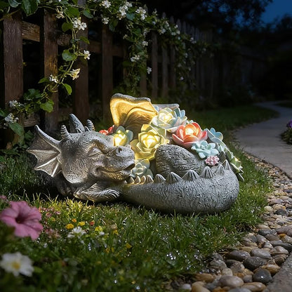Garden Dragon Statue Outdoor Decor, Coiled Sleeping Dragon Figurine with Solar Light Succulent, Waterproof Resin Garden Sculpture for Outside Lawn Patio Yard Ornament