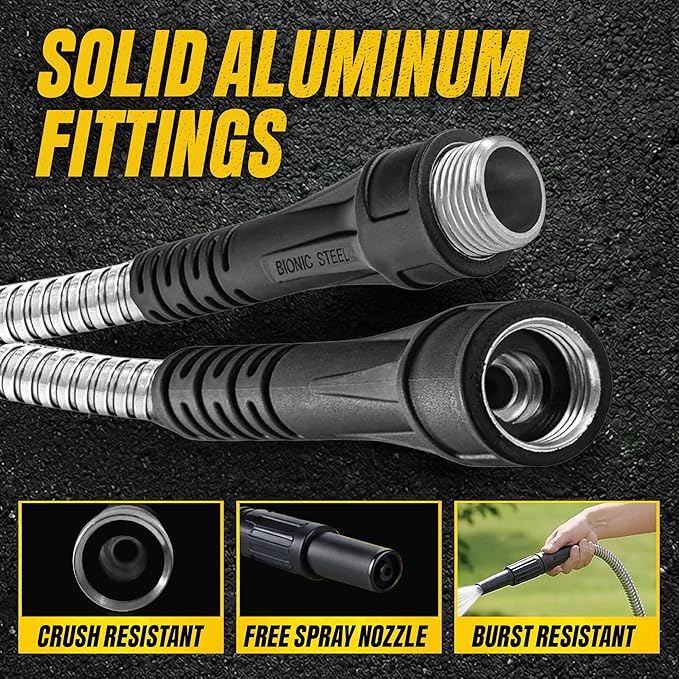 BIONIC STEEL 25 Ft Metal Garden Hose with Sprayer Nozzle | Non Kinking Design, Stainless Steel Heavy Duty Water Hose 25Ft x 5/8 in. Flexible & NON Expandable for Water Flow, 500 PSI