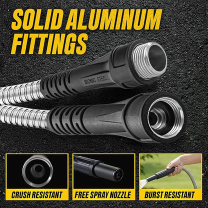 BIONIC STEEL 50 Ft Metal Garden Hose with Sprayer Nozzle | Non Kinking Design, Stainless Steel Heavy Duty Water Hose 50Ft x 5/8 in. Flexible & NON Expandable for Water Flow, 500 PSI
