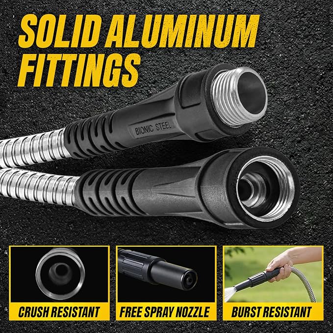 BIONIC STEEL 150 Ft Metal Garden Hose with Sprayer Nozzle | Non Kinking Design, Stainless Steel Heavy Duty Water Hose 150Ft x 5/8 in. Flexible & NON Expandable for Water Flow, 500 PSI