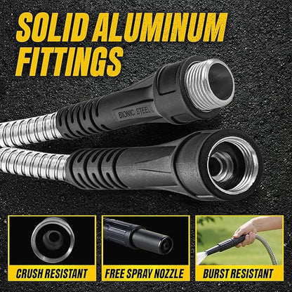 BIONIC STEEL 100 Ft Metal Garden Hose with Sprayer Nozzle | Non Kinking Design, Stainless Steel Heavy Duty Water Hose 100 Ft x 5/8 in. Flexible & NON Expandable for Water Flow, 500 PSI