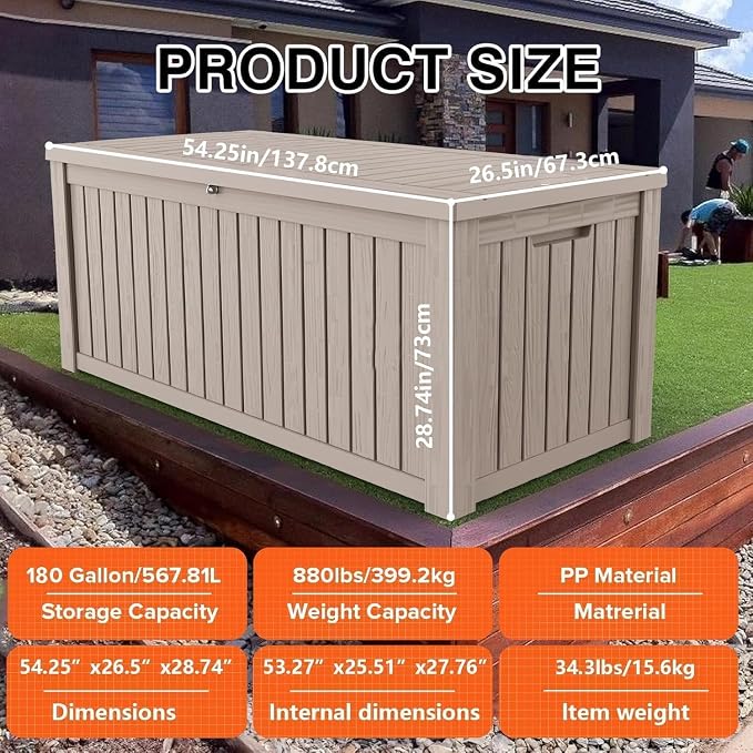 180 Gallon Resin Large Deck Box Organization and Storage Box for Patio, Outdoor Cushions, Garden Tools, Gray