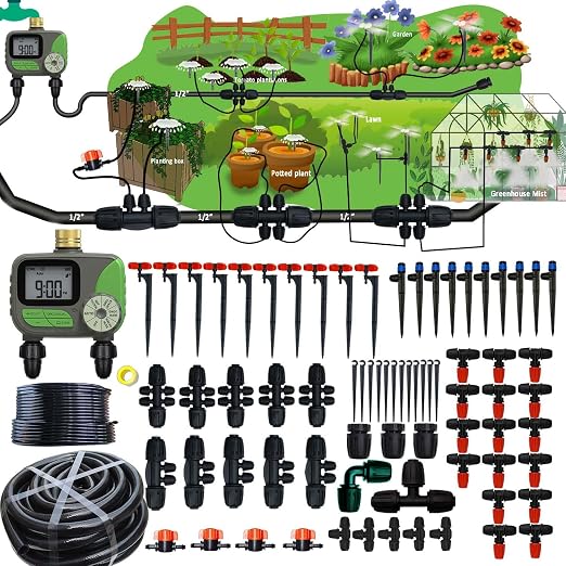 Drip Irrigation System for Garden with Water Timer Main ID 1/2inch 32Ft and 1/4inch 131Ft Water Hose, 2-Zone Automatic Watering System Sufficient Water Irrigation Dripper Waterflow Evenly Easy DIY