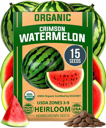 HOME GROWN Organic Crimson Sweet Watermelon Seeds 15+ Heirloom Non-GMO, High Germination, Honey Sweet Summer Fruit, Striped Skin, Home Garden & Raised Beds, High Sugar Content (Citrullus lanatus)