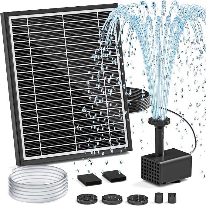 Solar Fountain Pump for Bird Bath, 5.5W Solar Pond Pump with 9.8ft Power Cord, 5 Spray Modes & 4ft Hose, Dry-Run Protection Solar Water Pump for Small Pond Fish Tank Garden Water Features