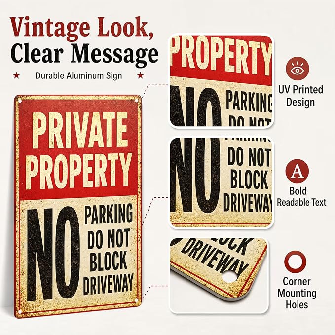 Private Property Tin Sign, 12 x 8 Inch No Parking Aluminum Metal Wall Decor, Do Not Block Driveway Notice Sign for Garage, Gate, Fence, Carport