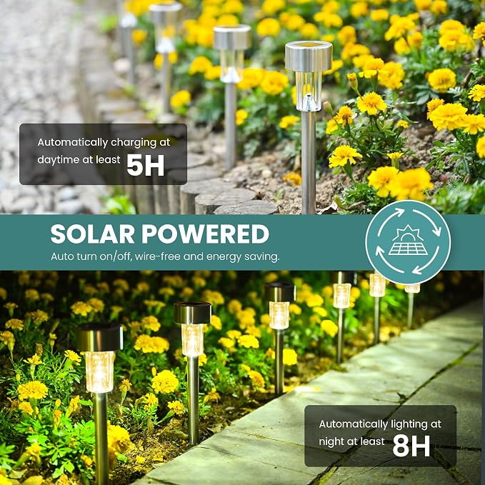 GIGALUMI 24 Pack Solar Lights Outdoor Waterproof,Stainless Steel LED Solar Garden Lights, Solar Pathway Lights Outdoor, Outdoor Solar Lights for Yard, Patio, Lawn and Landscape(Warm White)
