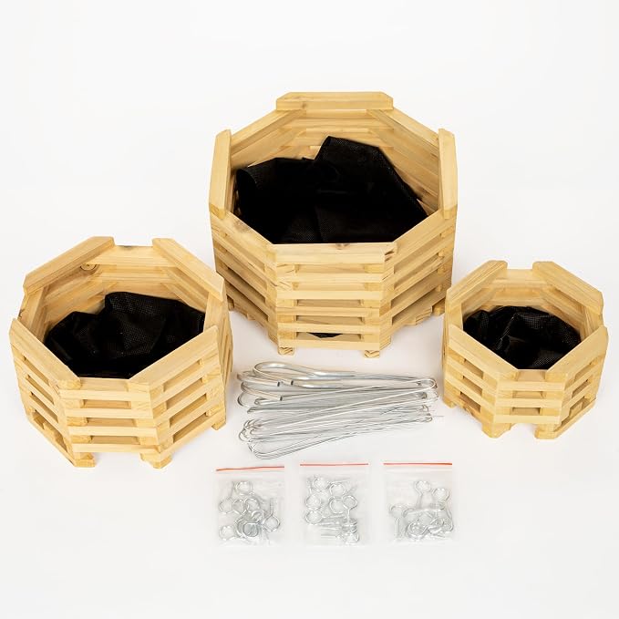 Wooden Orchid Baskets with Hangers for Ferns & Vandas, 6", 8" & 10" Octagon Wood Hanging Planter Set for Patio, Balcony Decor, Garden Flower Pots for Indoor Outdoor Plants, 3 Pack