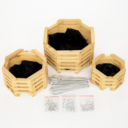 Wooden Orchid Baskets with Hangers for Ferns & Vandas, 6", 8" & 10" Octagon Wood Hanging Planter Set for Patio, Balcony Decor, Garden Flower Pots for Indoor Outdoor Plants, 3 Pack