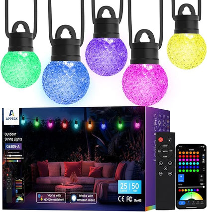 APPECK RGBW Outdoor String Lights 50ft for Patio, with 25 LED Bulbs | IP65 Waterproof, 111 Scene Modes, Dimmable Warm White, Individual Control, Music Sync, Compatible with Alexa & Google