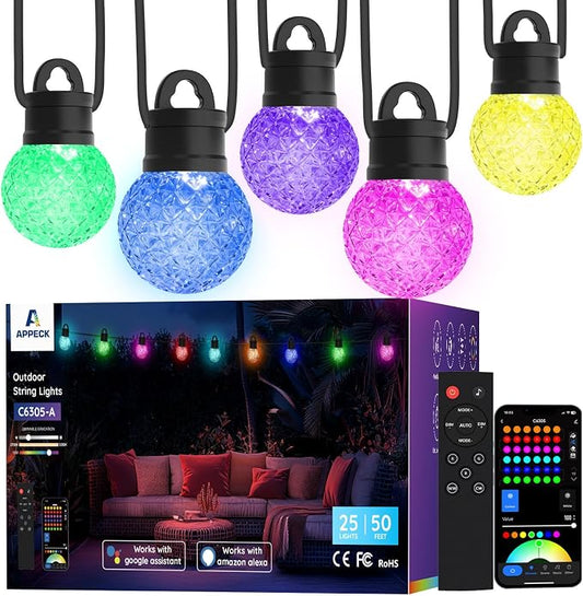 APPECK RGBW Outdoor String Lights 50ft for Patio, with 25 LED Bulbs | IP65 Waterproof, 111 Scene Modes, Dimmable Warm White, Individual Control, Music Sync, Compatible with Alexa & Google