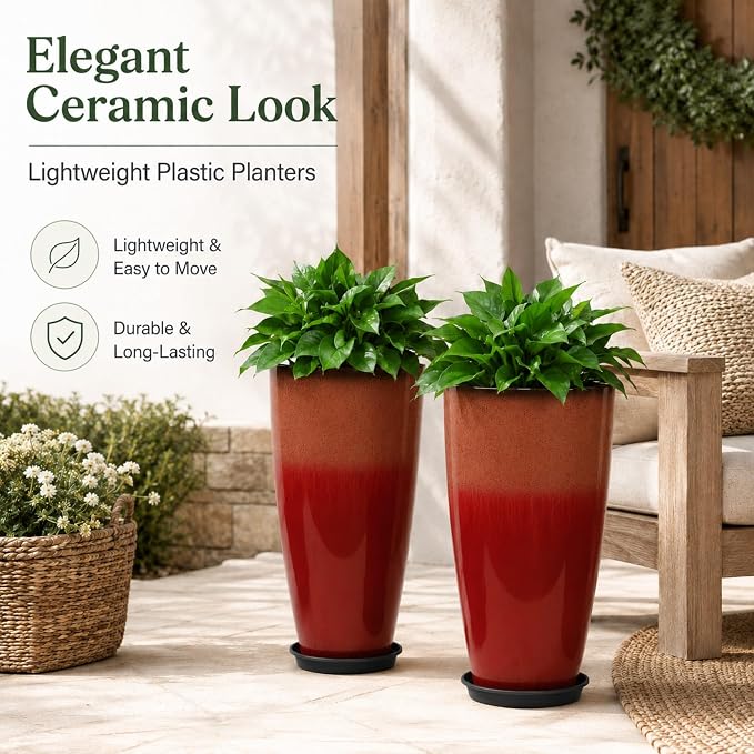 Neoaider Set of 2 Tall Planter, 21 inch Large Plastic Planter, Firey Red | Ceramic-Look, Lightweight, Built-in Drain Hole, Saucers, Tall Outdoor Planter for Porch, Garden, Patio, Balcony