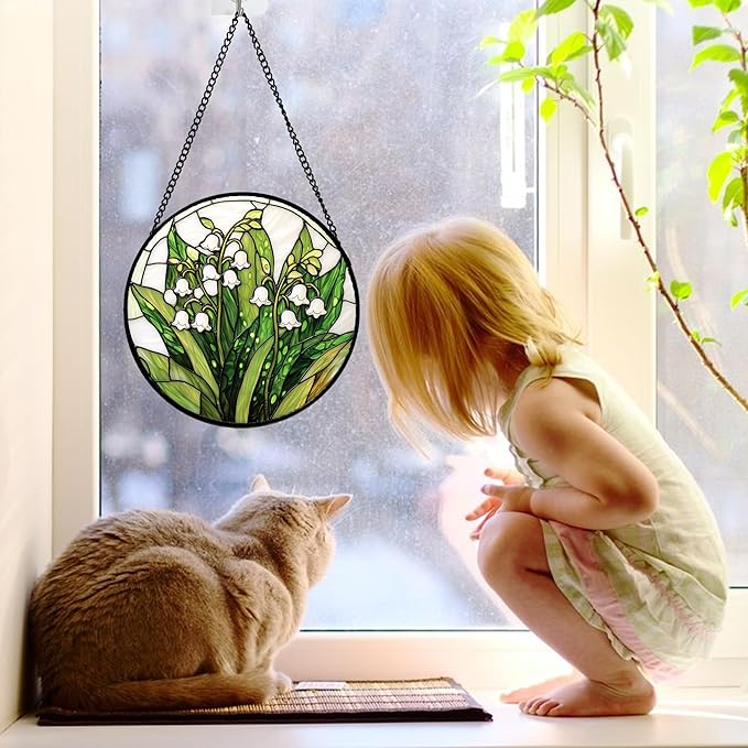 DASTOLL Stained Glass Window Hanging, Lily of the Valley Flower Sun Catchers Colorful Glass Panel Green Plants Suncatcher Decor for Birthday for Women,Men,Wife, Lovers, and Mom 7.8 in