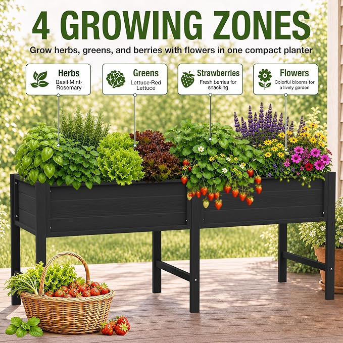YEFU 72" Large Raised Garden Bed, Wood-Look HIPS 6ft Extra Large Bed, Black | Extra Large Garden Bed for Backyard Growing, 6ft Design, Wood-Look HIPS, Drainage, 770 lbs High Capacity Support