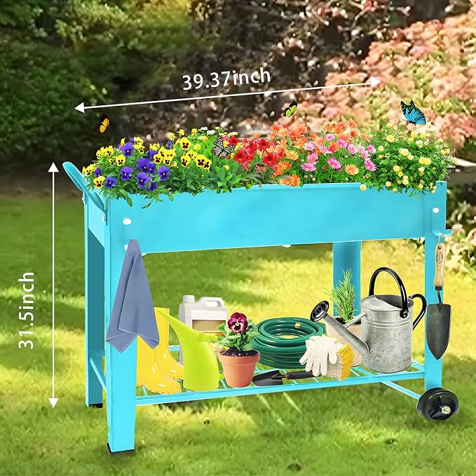 Raised Planter Box Beds with Wheels Legs, Elevated Garden Bed for Indoor Outdoor, Large Metal Mobile Planter Box with Bottom Shelf for Storing Tools for Vegetables Flower Herb Patio(Blue)