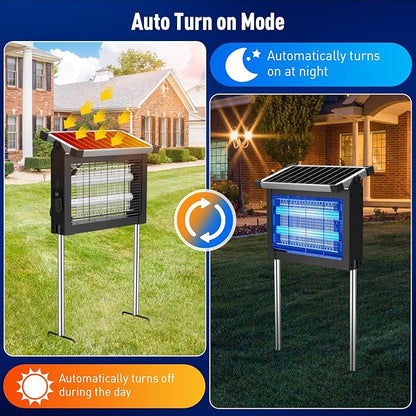 Solar Bug Zapper Outdoor Waterproof, 4500V Cordless Mosquito Zapper | USB-C rechargeable, solar powered with auto light sensor, hanging or stake use for patio, garden, backyard, camping, garage
