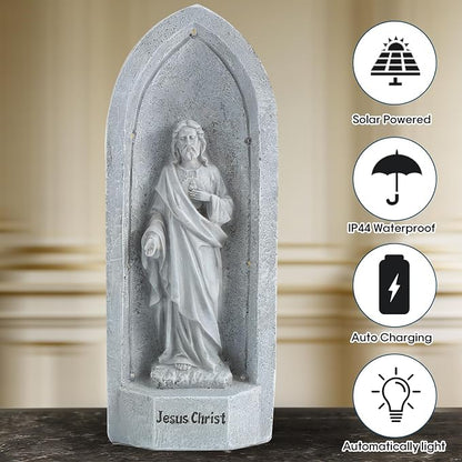 11.4" 7 Solar Light Jesus Statue Outdoor Decor, Religious Blessed Father Statue with LED Light, IP44 Waterproof Outdoor Figurine for Home/Garden Decor, Gift for Men/Father