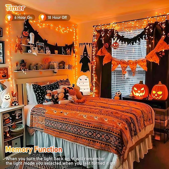 JMEXSUSS 150 LED Orange Halloween Lights Indoor Outdoor, Connectable Christmas String Lights Indoor Plug in, 8 Modes Orange Lights for Halloween Fireplace Tree Bedroom Party Decor