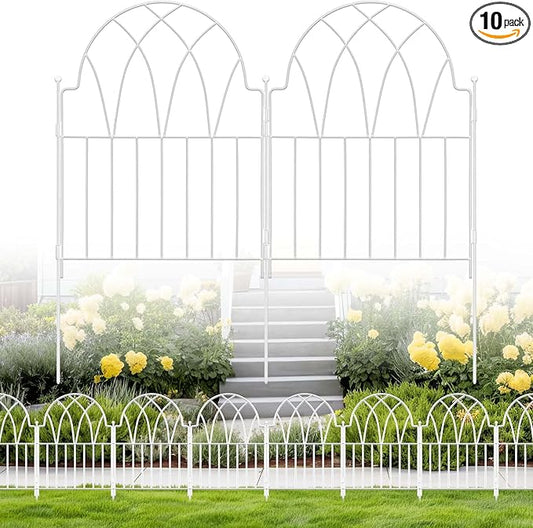 Garden Fence Panels - 17 in(H) x 10.56ft(L) White Metal Fence No Dig Decorative Fence with Stakes Animal Barrier Fence for Dogs, Flower Bed Edging Wire Border for Yard, Patio, Outdoor Decor