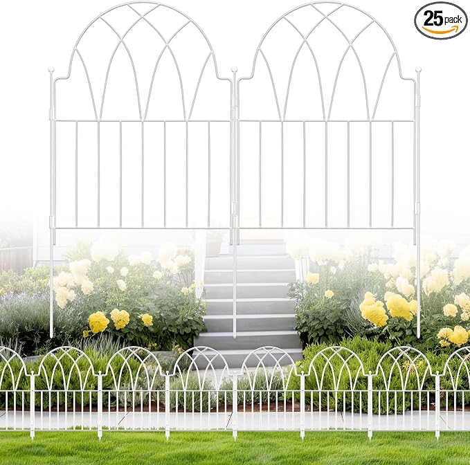 25 Pack White Decorative Garden Fence Panels - 26.41Ft Arched Landscape Border Rustproof No-Dig Animal Barrier Fence Panels for Yard Edging Flower Bed Patio Dog Run Area&Outdoor