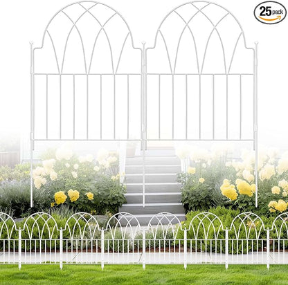 25 Pack White Decorative Garden Fence Panels - 26.41Ft Arched Landscape Border Rustproof No-Dig Animal Barrier Fence Panels for Yard Edging Flower Bed Patio Dog Run Area&Outdoor