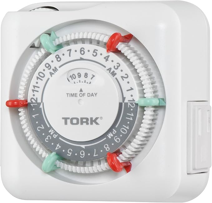 NSi Industries TORK RTN112 Indoor 15-Amp Plug-in Mechanical Appliance Timer 24-Hour Programming – GREEN & RED Trippers TWO Receptacles White