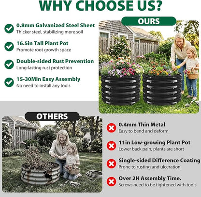 24" Diameter Round Raised Garden Bed - 17 Inch Tall, Heavy-Duty Galvanized Steel Planter Box with Wave-Shaped Panels for Vegetables, Herbs & Flowers (2, Black, 24 Inch Diameter)