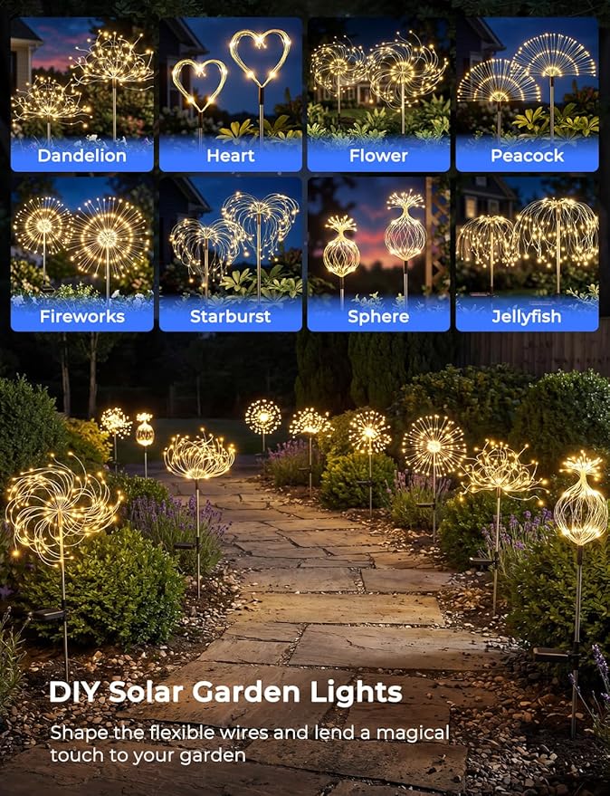 Brightown 150LED Solar Garden Lights Outdoor, 8 Modes 2 Pack Firework Fairy Lights for Outside Decorative, Solar Powered Stake Flowerbed Planter Decorations for Yard Pathway Patio Christmas,Warm White