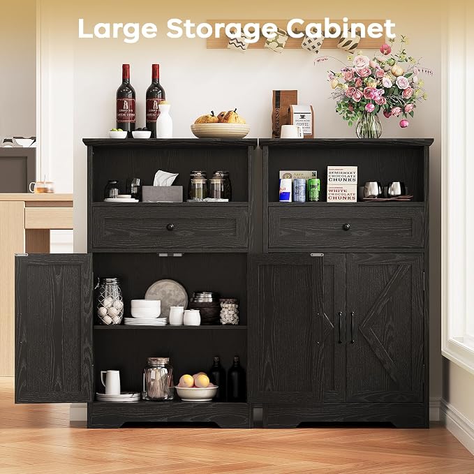 Floor Cabinet, Farmhouse Storage Cabinet with Barn Doors and Drawer, 11.81" D x 23.62" W x 39.37" H Black Freestanding Adjustable Shelf Organizer for Bathroom, Kitchen, Living Room