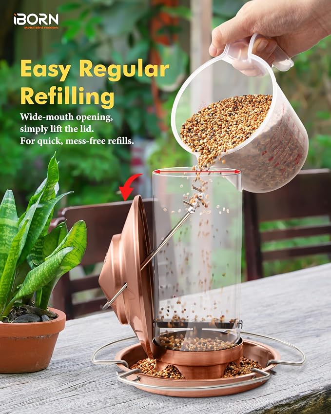 iBorn Bird Feeder Metal Chew-Proof Bird Feeders for Outdoors Hanging Outside for Cardinal, Holds 1.32LB Seed with 3 Perchs, Brushed Copper (Seed is not Included)