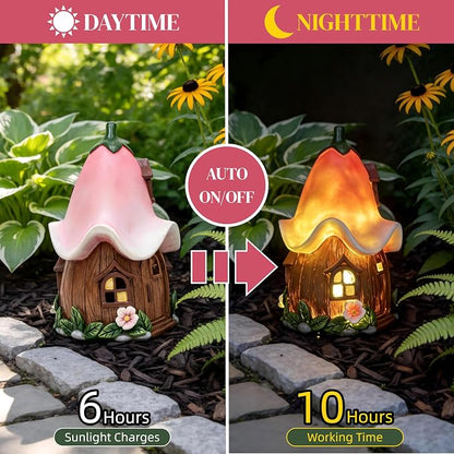 Solar Fairy Garden House, Whimsical Flower Cottage Fairy Figurines with Automatic Solar Lights, Hand-Painted Resin Garden Statue Unique Gift for Outdoor, Patio, Yard Art, Balcony, Porch Decor