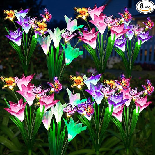 KOOPER Solar Lights Outdoor Garden Decor 8 Pack, 32 Lily Flowers and 24 Swaying Butterflies, IP65 Waterproof 7 Color Changing Solar Flower Lights for Yard Patio Pathway, Gifts for Mom Women Grandma