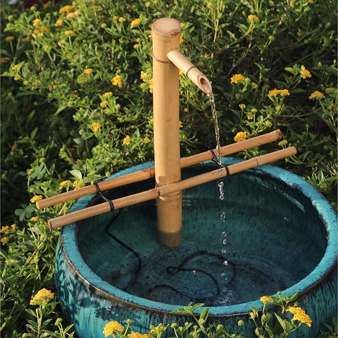 Bamboo Accents 18" Adjustable Bamboo Fountain Kit with Pump – Large Zen Water Feature for Bowls, Basins, Ponds & Backyard Gardens, Indoor/Outdoor (Container Not Included)