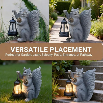 Solar Squirrel Garden Statue Outdoor Decor, Squirrel Sculpture with Lantern for Yard Lawn Patio Balcony, Birthday Housewarming Gifts for Mom, Grandma, Women, Resin, Grey